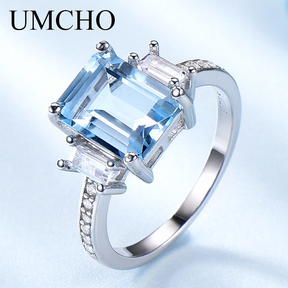 

UMCHO Blue Topaz Gemstone Rings for Women Genuine 925 Sterling Silver Aquamarine Ring Romantic Wedding Engagement Fine Jewelry Y0224