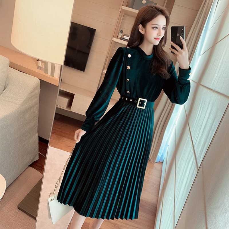 Autumn winter dress women vintage long-sleeved pleated velvet ladies elegant slim A-Line party female belt 210526, Picture color
Autumn winter dress women vintage long-sleeved pleated velvet ladies elegant slim A-Line party female belt 210526, Picture color