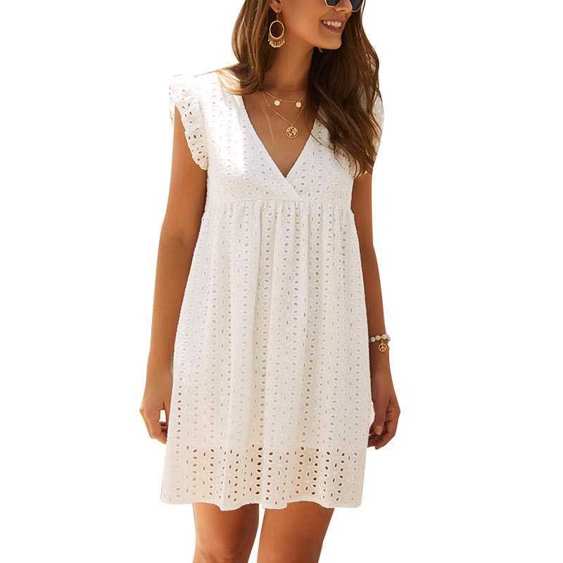 Jocoo Jolee Elegant Hollow Out Mini Dress Sexy V Neck Butterfly Sleeve Lace Short A Line Dress Casual Loose Summer Dress 210630