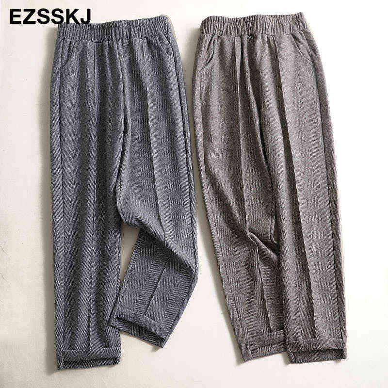 CHIC LOOSE harem woolen pants women's autumn winter thick Woolen straight high waist Korean trouses 211124