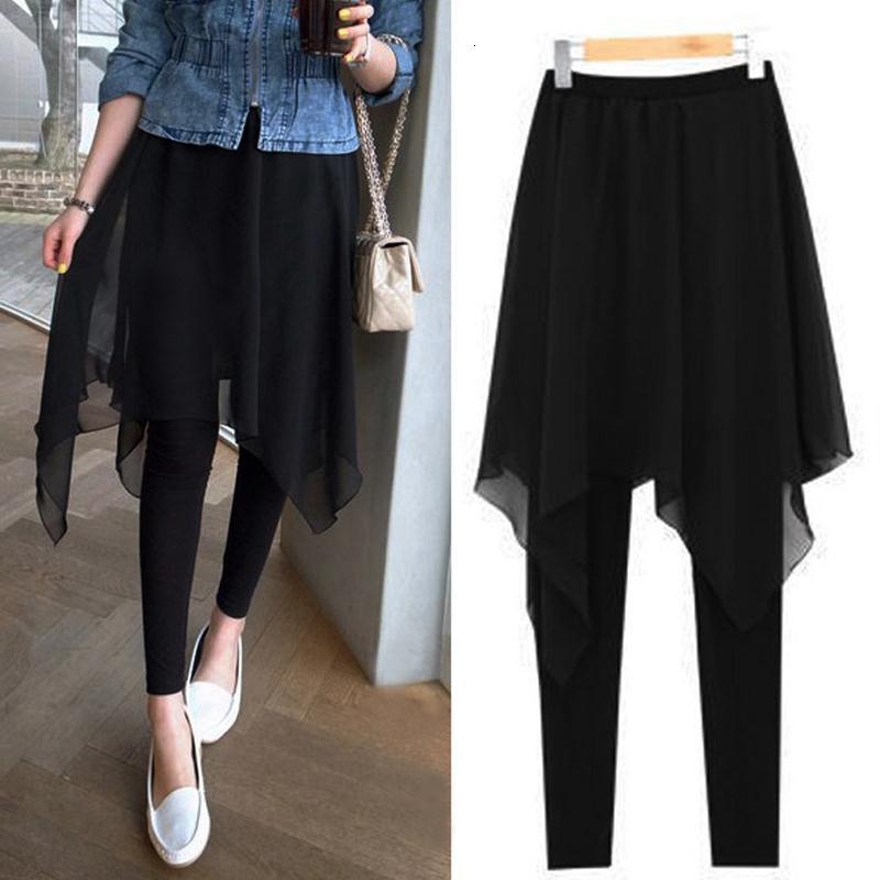 2021 New Big-ass Female Autumn Cut-off Irregular Breeches Fake of Two Chiffon Pieces Plied Swallowtail Skirt Stacked in Leggings Qryk