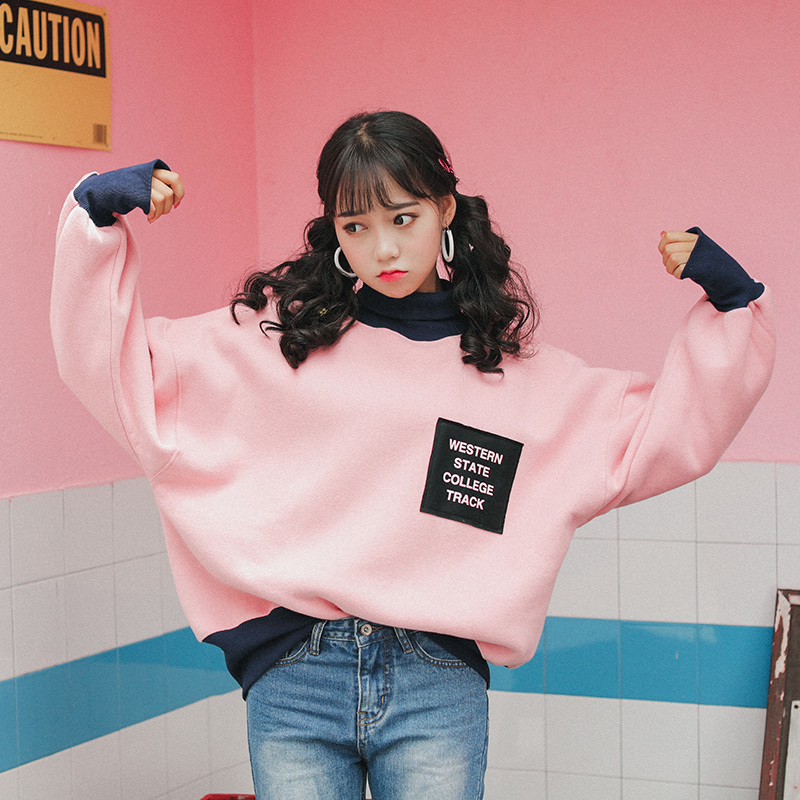 Ulzzang Preppy Style Oversized Loose Sweatshirt Women Cute Tops Winter Korean Style Women Thick Pink Sweatshirt Kawaii Clothes T200407