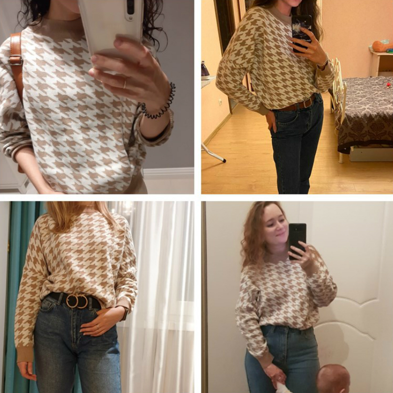 Women Casual Houndstooth Pullover Sweater Geometric Khaki Knitted Sweater Female Autumn Winter Retro Jumpers Tops Clothing 210218