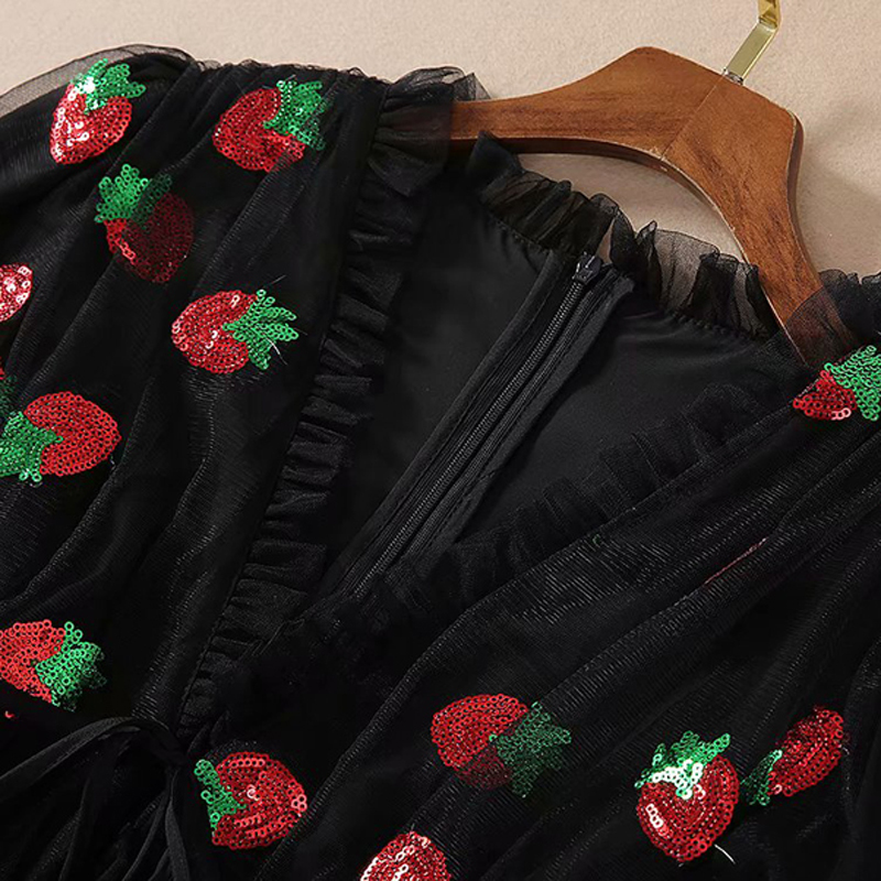 LA.TENDRE Black Strawberry Dress Woman Puff Sleeve Mesh Long Dress Lace Up Strawberries Plus Size Black Dresses Women Party 210303