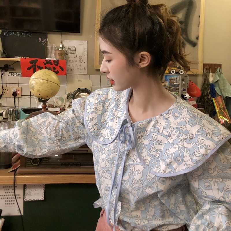 Korean Funny Cartoon Printed Blouse Tops Causal Long Sleeve Women Shirt Sweet Bow Tie Peter Pan Collar Blusas 6F830 210603