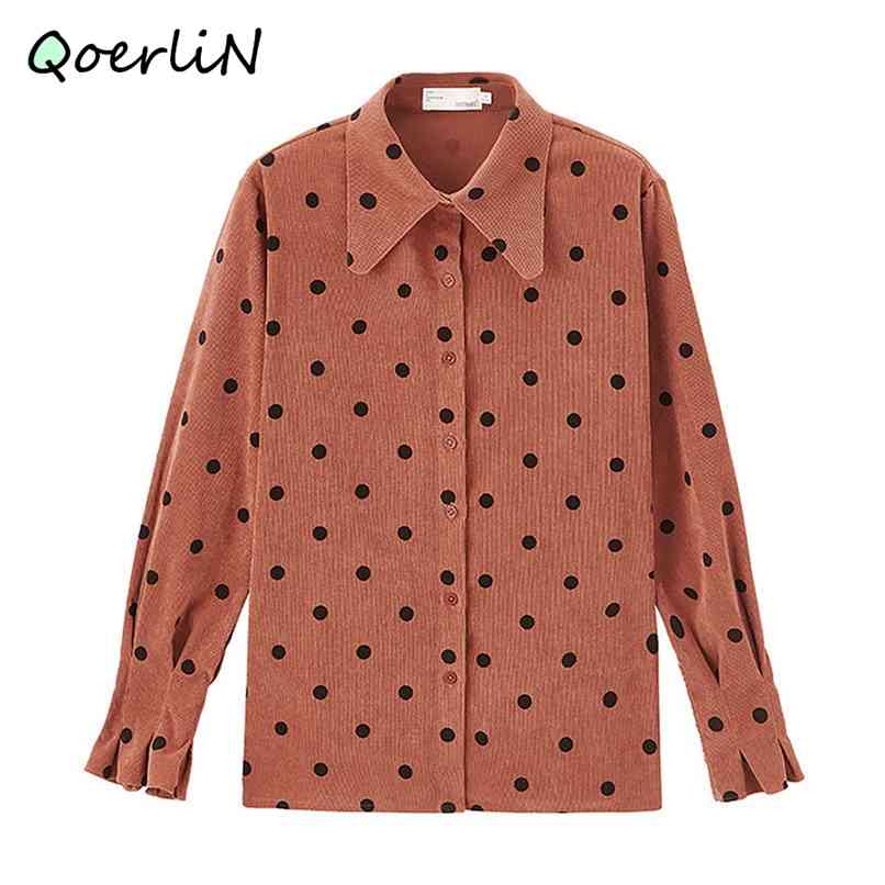 S-2XL Corduroy Winter Jacket Women Autumn Lapel Single-breasted Polka Dot Long Sleeve Shirt Female Blouse Coat Plus Size 210601