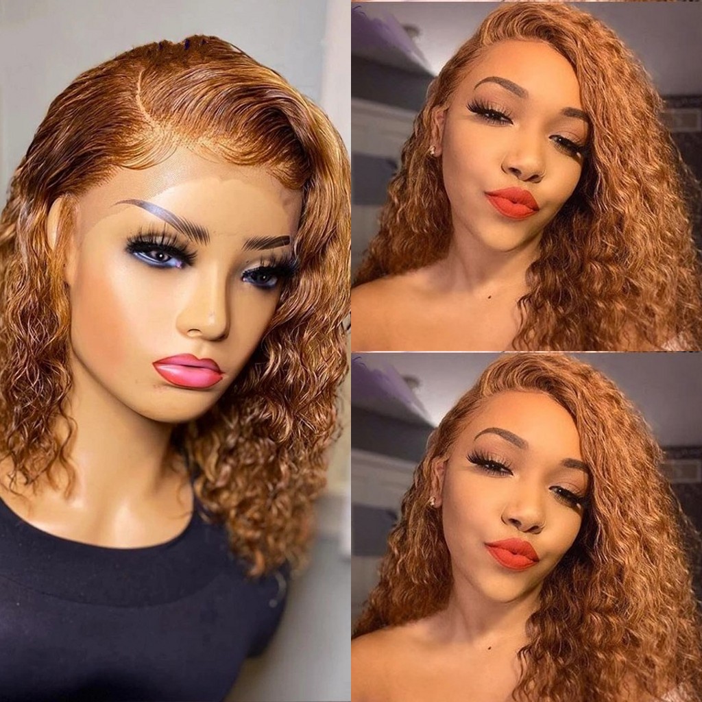 Free shipping Short Honey Blonde Bob Wig Kinky Curly Synthetic Full Wigs For Women #27 Color Brazilian Lace Closure Frontal Hair