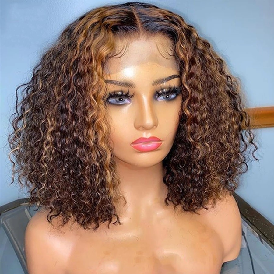 1B/Blonde Ombre Short Kinky Curly Simulation Human Hair Wigs Pre Plucked Black /Burgundy Red Synthetic Lace Front Bob Wig Heat Resistant