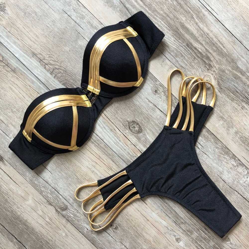 Black Bandage Swimsuit Sexy Brazilian Bikini Push Up Swimwear Women Micro Bikinis Plus Size Beachwear Shiny Gold 210625