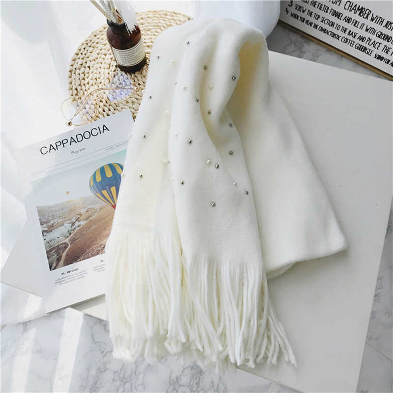 Luna&Dolphin Women Winter Scaves Warm Knitted White Pearl Nail Bead Soft Scarves Tassel Woolen Big Tippet Pashmina Blanket Shawl 220114