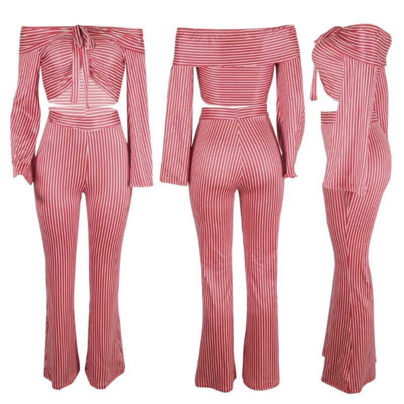 Women's Tracksuits High Fashion Striped Print Women Strapless Top With Pants Summer Suits