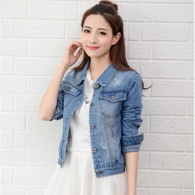 Fashion Jeans Jacket Women Spring 2XL XL Autumn Hand Brush Long Sleeve Stretch Short Denim Jacket White Pink Coats T200319
