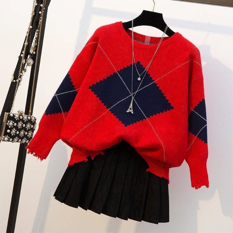 ICHOIX plaid mini skirt 2 piece set women winter clothing knitted sweater two piece outfits casual student Korean 2 piece set T200325