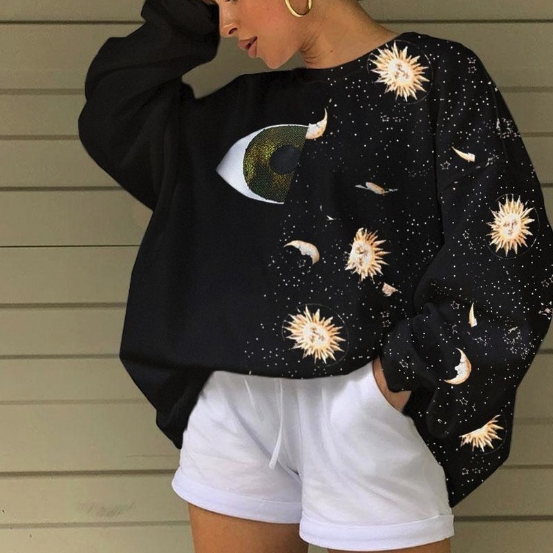 Black Eye Vintage Crewneck Sweatshirt Women Loose Casual Long Sleeve Thin Tops New Fashion Streetwear Girls Plus Size 3XL 201102