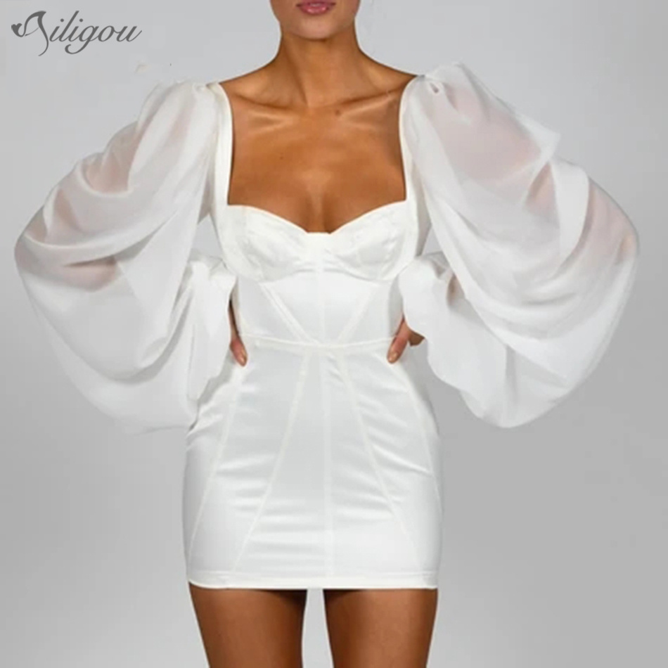 Chic White Mini Dress Puff Sleeves Sexy Backless Celebrity Party Club Satin 210525