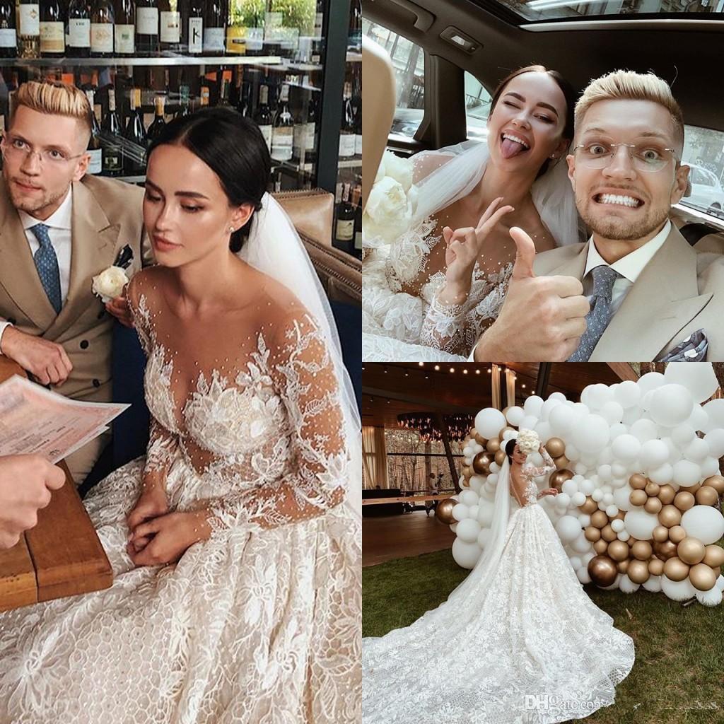 Dresses Lace with Long Sleeves Beaded Scoop Neck Sexy Illusion Covered Buttons Back Custom Chapel Train Country Wedding Gowns
