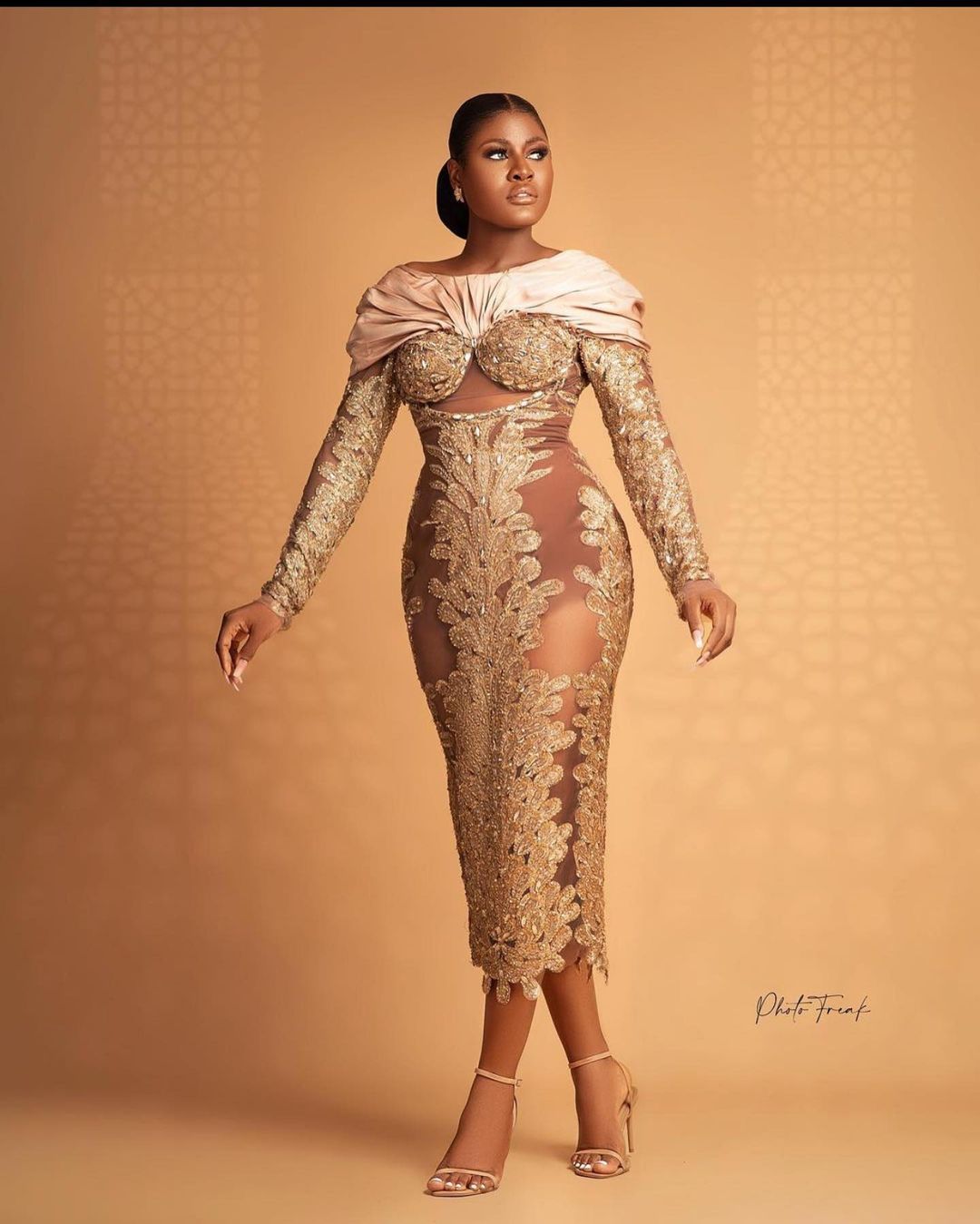 Aso Ebi 2021 Arabic Red Gold Sparkly Sexy Evening Dresses Lace See Through Prom Dresses Tea Length Formal Party Second Reception Gowns ZJ46