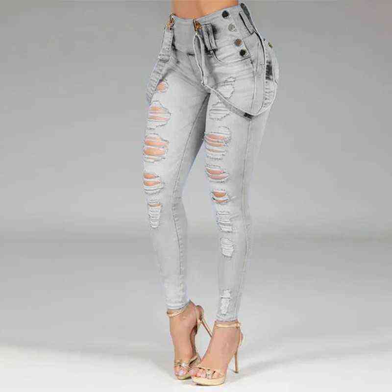Women Jeans High Waisted Straight Skinny Stretchy Pant Streetwear Ladies Hole Washed Bandage Denim Pencil Pants Trousers 211112
