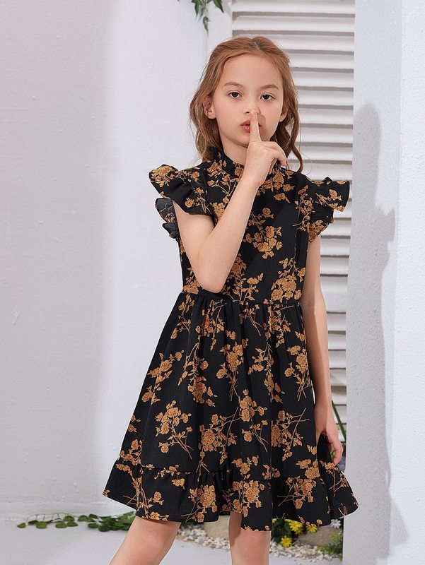 Girls Mock Neck Butterfly Sleeve Floral Dress SHE
