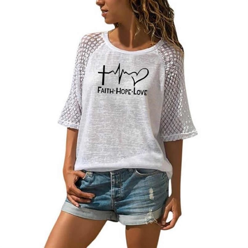 New Faith Hope Love Letters Print T-Shirt For Women Lace Crew Neck T-Shirt Top T-Shirt Women Tops Punk Cotton Camiseta Japan 210306