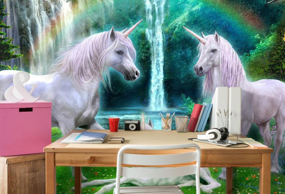 Photo Wallpaper Green forest rainbow meadow white horse child room background papel de parede 3d wallpaper papel