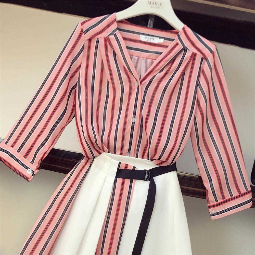 Women 2 Piece Set Summer Striped Chiffon shirt Tops + High Waist Button Mini Skirts Set 210708