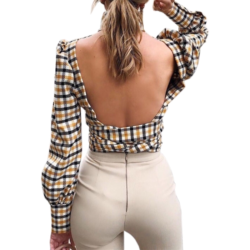 Autumn New Womens Sexy Blouse Ladies Long Sleeve Backless Bandage Tops Casual Plaid Shirts Hollow Out Turtle Neck Blouse T200322