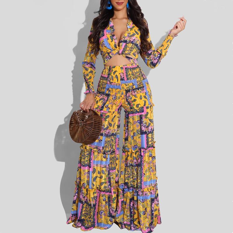 Women's Two Piece Pants Elegant Ruffles Classy Suits Women Long Sleeve Tie Front Blouse Shirt & Ruched Wide Leg Loose Set