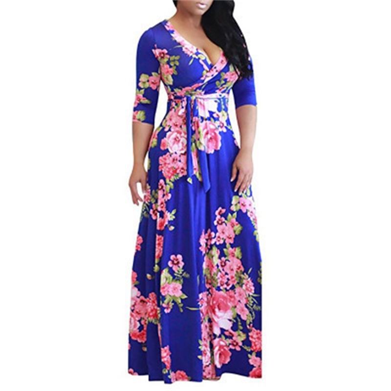 MC European and American Autumn Ladys Clothes Printed Dress New Large Size Dress Women's Longsleeved Vneck Waist Dress T200319