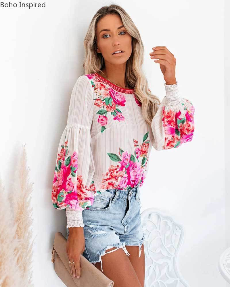 Inspired VALENCIA ROSE PRINTED Relaxed Fit long sleeve shirt bohemian style party new Boho BLOUSE top 210225