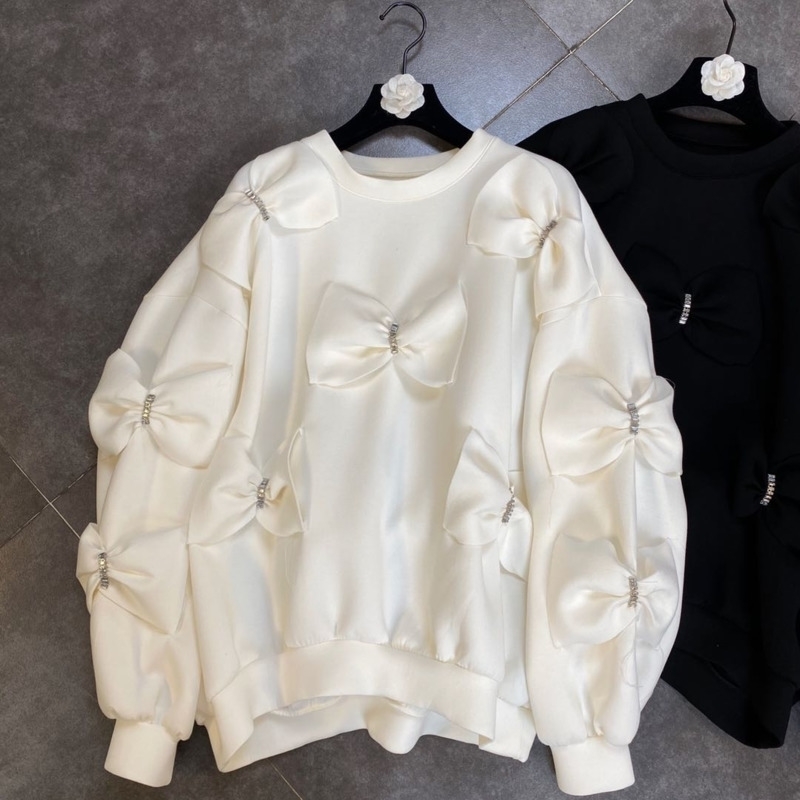 DEAT Autumn New Arrivals Long Sleeve O Neck Diamonds Bow Decoration Cotton Sweatshirt Women Pullovers MK710 201030