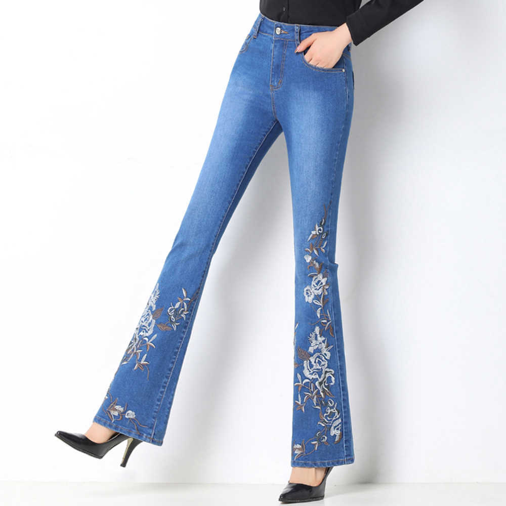 Embroidered Flower Denim Jeans For Women Fashion High Waist Flare Pants Casual Loose Stretch Trousers 210922