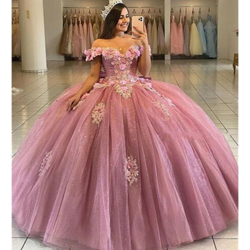 Charming Off The Shoulder Quinceanera Dresses Pink 3D Flowers Sweet 16 Ball Gown Vestido de Fiesta