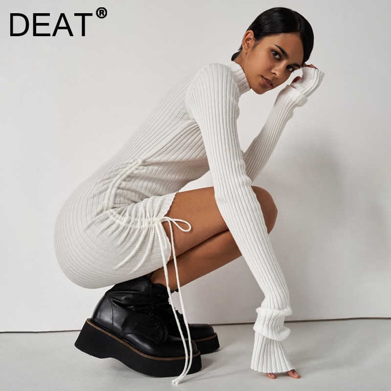 DEAT Spring Autumn Long Sleeve Bandage Temperament Fashion Sexy Mini Dress Women High Neck Knitted ML771 210709