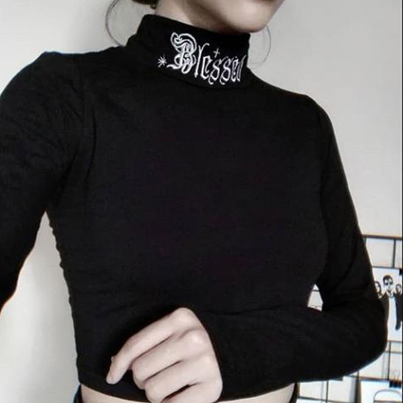 InsGirl Dark Goth T-shirt Women Blessed Letter Embroidered Turtleneck Slim Tumblr Clothes Y2K E-girl Punk Street Bottom Top Tees 210302