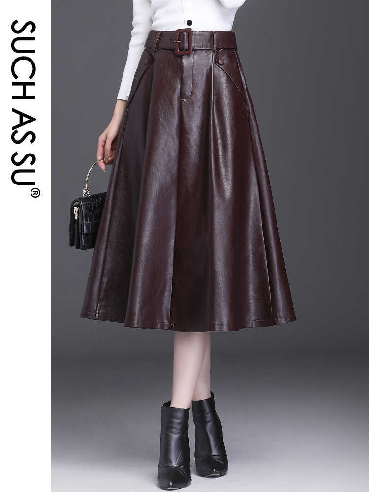 SUCH AS SU 4 Colors Available Autumn Winter Arrival Ladies Skirts Pockets Pleated High Waist Leather Plus Size Women 210621