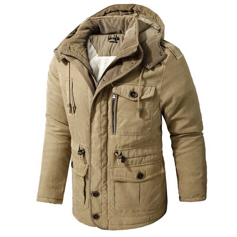Winter Warm Wool Lamb Jacket Men Thick Hooded Windproof Parka Coat Solid Color Plus Size Multi Pocket Men Jacket S-2Xl 211008