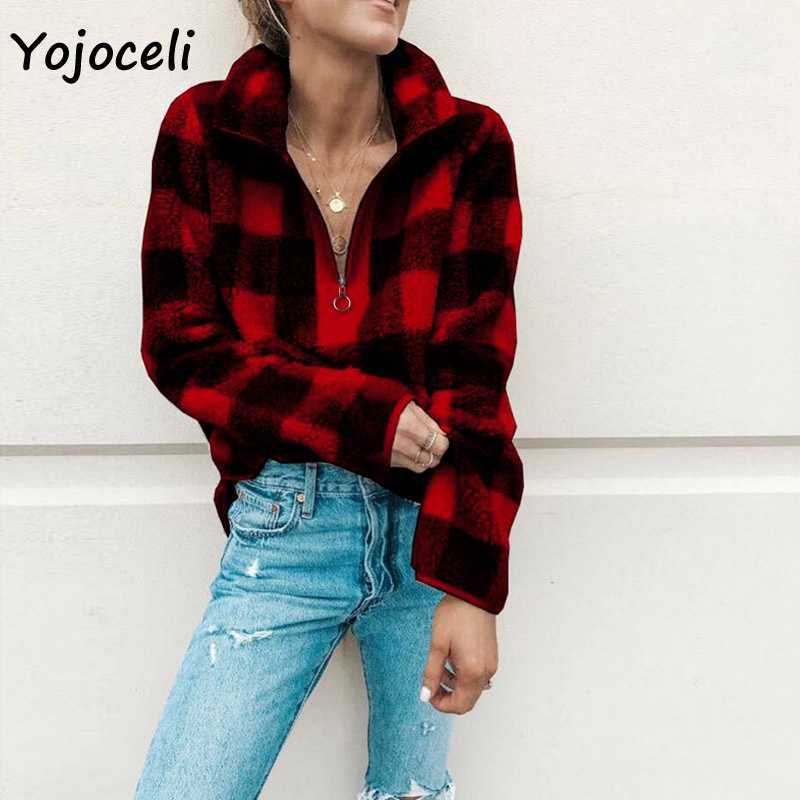 Yojoceli winter warm fleece sweatshirt streetwear women pullovers loose style plaid sweater 210609