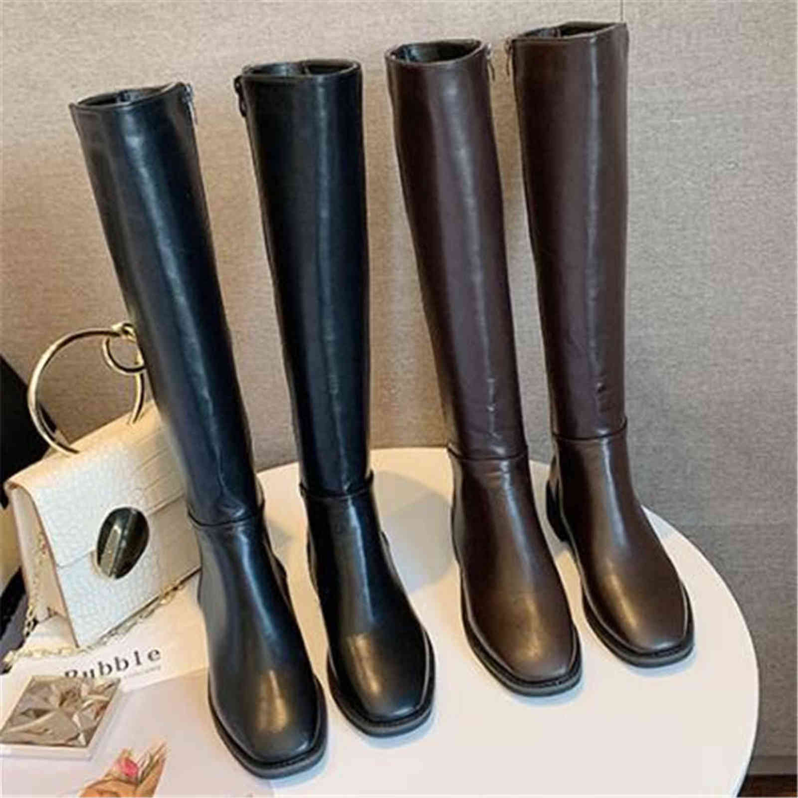 Leather Women Knee High Boots Square Toe Zip Footwear Low Heels Female Riding Boot Woman Long 211104