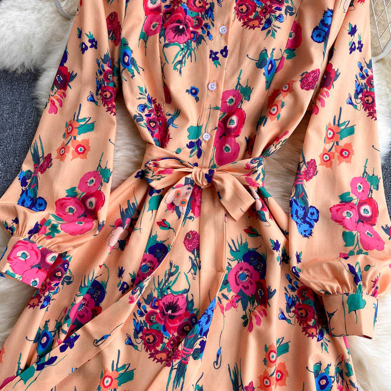 DEAT Women Printing Vintage Dress Lapel Long Sleeve Arrivals Lady Temperament Fashion Spring Autumn 11D2024 210709