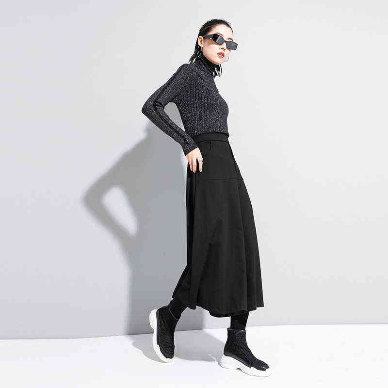 [EAM] High Elastic Waist Black Brief Long Wide Leg Trousers Loose Fit Pants Women Fashion Spring Autumn 1DA610 211115