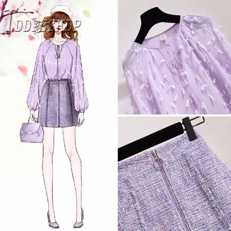 Spring New Sweet Women Set Purple Color Blouse and Skirt Female Sets T200325