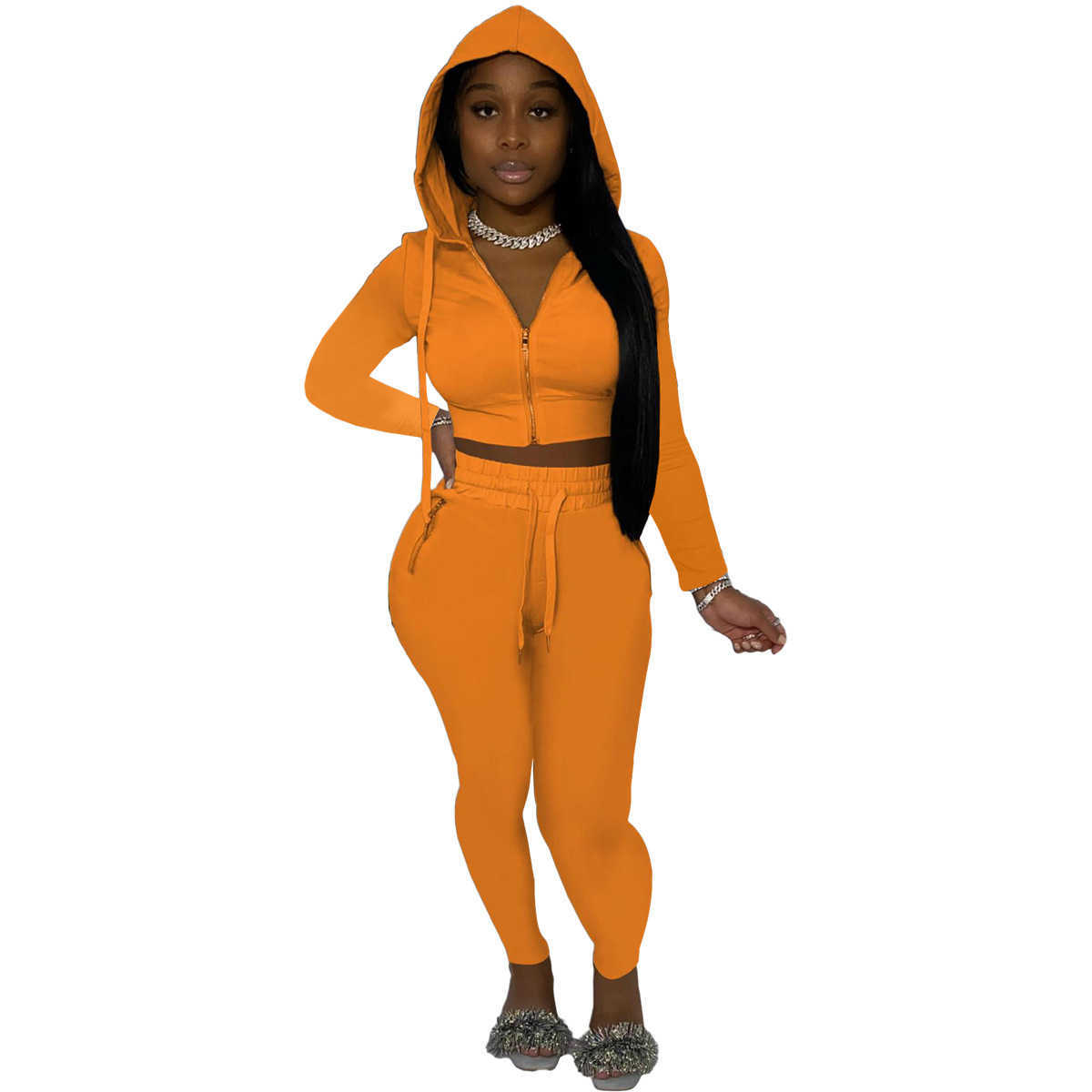 Women's Two Piece Sets Designers Women pants Clothes 2023 fall new solid color hooded zipper casual two-piece pant set