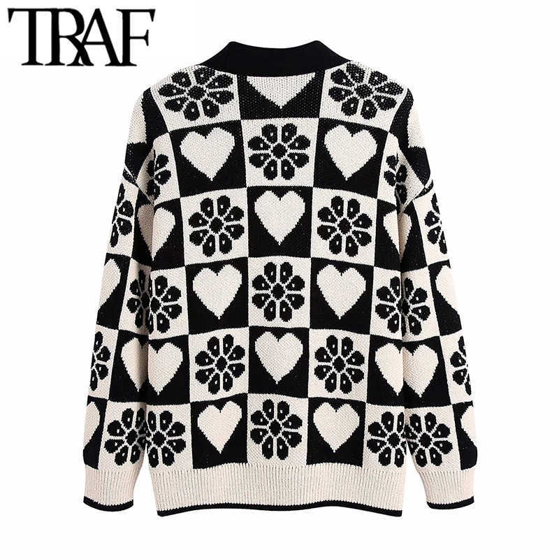 TRAF Women Fashion Jacquard Loose Knit Cardigan Sweater Vintage Long Sleeve Covered Buttons Female Outerwear Chic Tops 211011Z