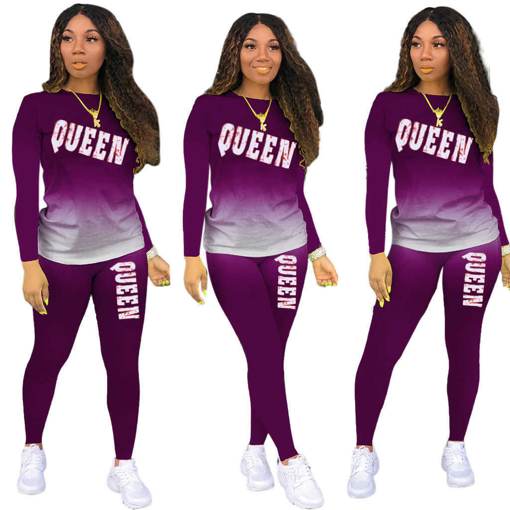 Autumn Winter Plus Size Home Suit Women Letter Print Gradient Color Tracksuits Pullover Long Sleeve Top+Pencil Pants 2 Piece Set 210604