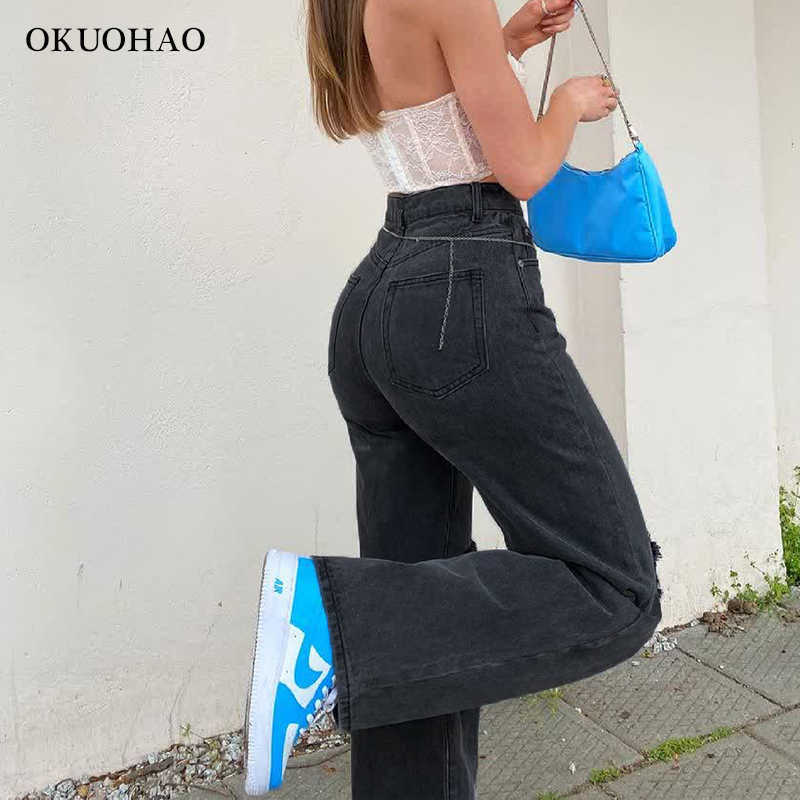 Black Ripped Straight Leg Jeans For Women Fashion Tassel Loose Y2k Streetwear Baggy Jean Pants Mom Casual Wash vintage Trousers 210922