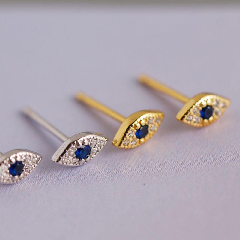 Authentic 925 Sterling Silver Mini Blue Zircon Evil Eyes Stud Earrings for Women Girls Fine Jewelry Gift Moda Bijoux