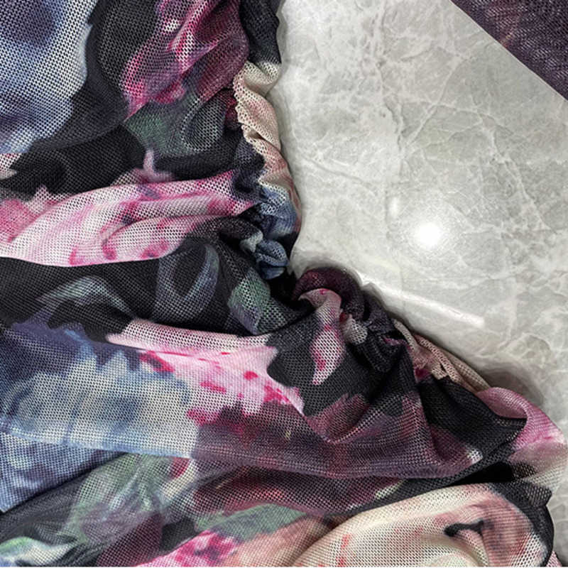 DEAT Spring Arrivals V-neck High Waist Long Sleeve Zipper Print Mesh Slim Buttocks Dress MZ496 210709