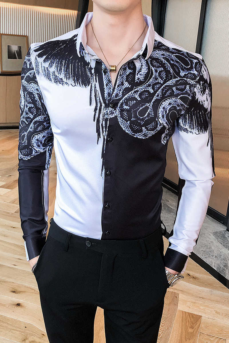 Fashion Patchwork Color Shirt Men Casual Autumn Winter Long Sleeve Tuxedo Slim Fit Digital Print Blouse Clothing 210721