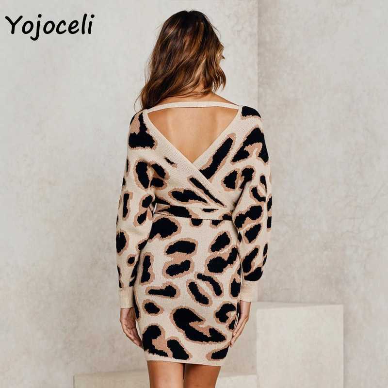 Yojoceli autumn winter leopard knit dres v neck bodycon mini streetwear day sweater 210609